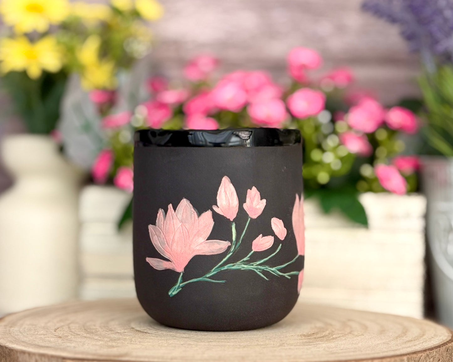 Porzellanbecher „Magnolien“ | Schwarzes Porzellan 300ml #54